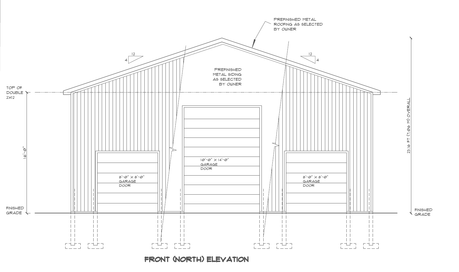 Front elevation from the Kirkfield 40 by 60 pole barn model drawings, with a 4/12 gable roof and three overhead doors