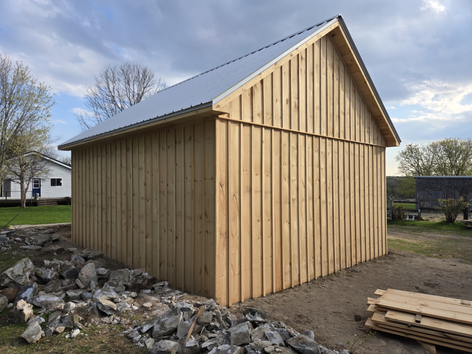 Rear three-quarter view of the completed Scugog barn